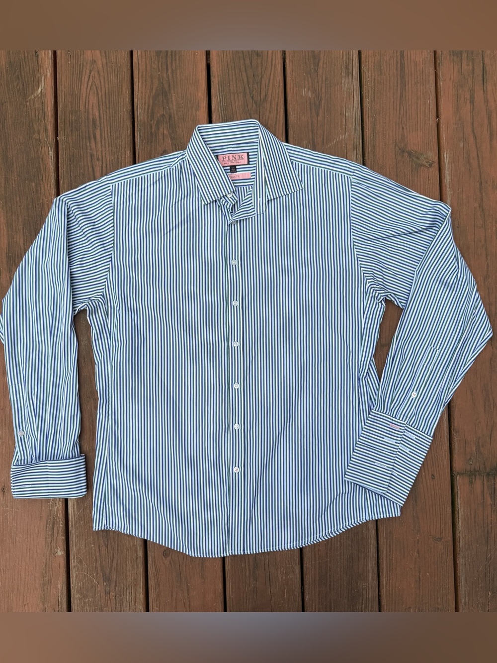 Thomas Pink Dress Shirt Men's 16.5 42 Green Blue Stripe Slim Fit French Cuff